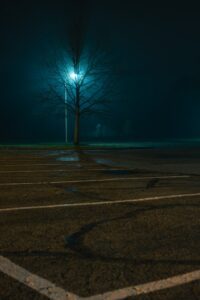A tree in the middle of a night by a parking lot.